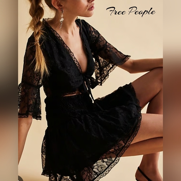 Free People Lala Lace Mini Dress Black Size Medium NWT